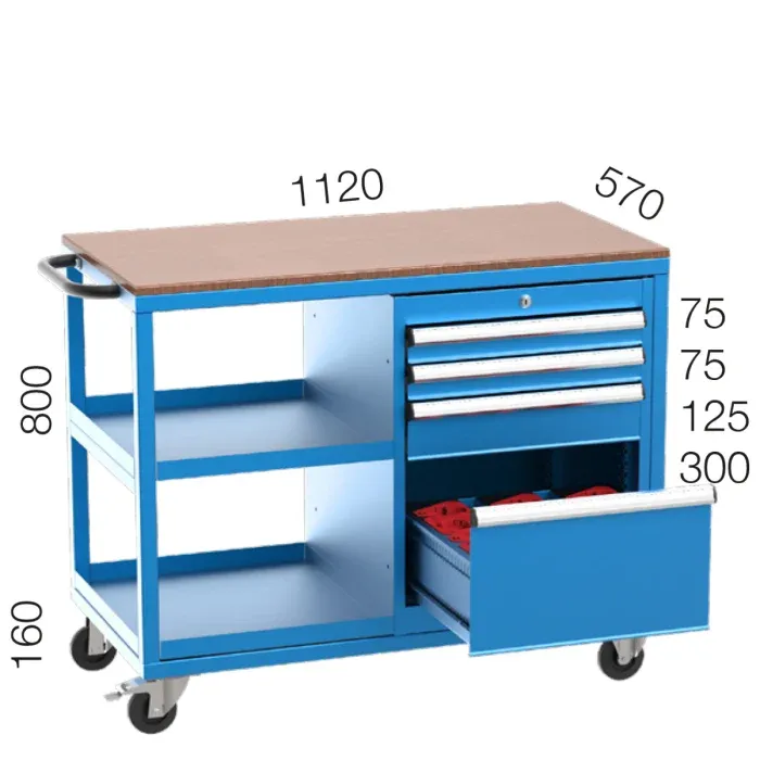 2325 – MOBILE BENCH WITH 2 FIXED SHELVES 3 DRAWERS 1 CNC STORAGE DRAWER INCLUDING 12 MORSE HOLDERS