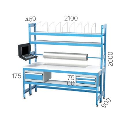 3414 – PACKAGING BENCH 1+2 DRAWERS, PACKAGING ROLL HANGER, SHELF, LAPTOP-CONSOLE (2100X900X2000MM)