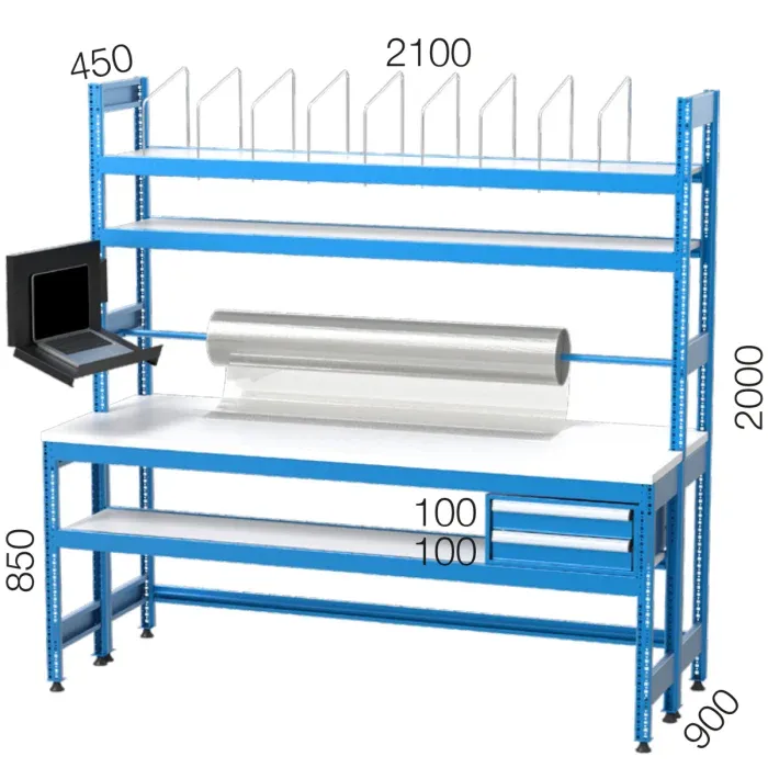 3416 – 1+1 HAFİF SERİ ÇEKMECELİ LCD EKRAN APARATLI, KOLİ İÇİN METAL BÖLMELİ, VE AMBALAJ RULOLU AMBALAJ MASASI