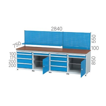 3427 – WORKBENCH 8 DRAWERS, 2 CABINETS 1 DRAWER and DOORS (EACH 1 FIXED SHELF), PEGBOARD AND MATERIAL SHELF (2840X750X850+650 MM)