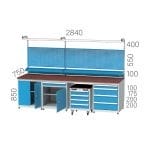 3427 – WORKBENCH 8 DRAWERS, 2 CABINETS 1 DRAWER and DOORS (EACH 1 FIXED SHELF), PEGBOARD AND MATERIAL SHELF (2840X750X850+650 MM)