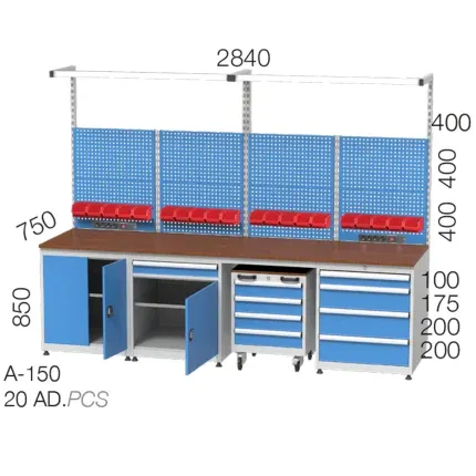 3630 – HEIGHT ADJUSTABLE ELECTRICIAN WORKBENCH 1+1+1 DRAWER, 1 ROW LINBIN-SHELF, MATERIAL SHELF, PEGBOARD, LIGHTING, ELECTRICITY PANEL, ESD SHEET COATED PLATE (1700X700X2000 MM)