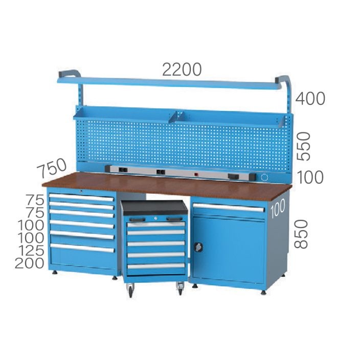 3430 – WORKBENCH 1 DRAWER DOOR, 6 DRAWERS, MOBILE CART, PEGBOARD and ELECTRICITY PANEL, FLUORESCENT