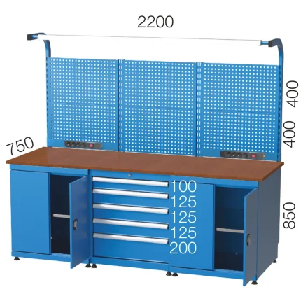 3574 – 2 ADET KAPAKLI DOLAPLI 5 ÇEKMECELİ ASKI PANOLU AYDINLATMALI IŞIKLI ELEKTRİKLİ ÇALIŞMA TEZGAHI