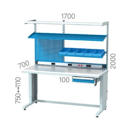 3626 – HEIGHT ADJUSTABLE ELECTRICIAN WORKBENCH 1+1+1 DRAWER, 1 ROW LINBIN-SHELF, MATERIAL SHELF, PEGBOARD, LIGHTING, ELECTRICITY PANEL, ESD SHEET COATED PLATE (1700X700X2000 MM)