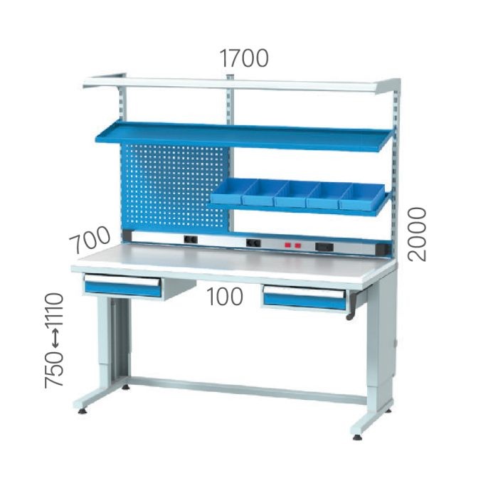 3627 – HEIGHT ADJUSTABLE ELECTRICIAN WORKBENCH 1+1 DRAWER, 1 ROW LINBIN-SHELF, MATERIAL SHELF, PEGBOARD, LIGHTING, ELECTRICITY PANEL, ESD SHEET COATED PLATE (1700X700X2000 MM)