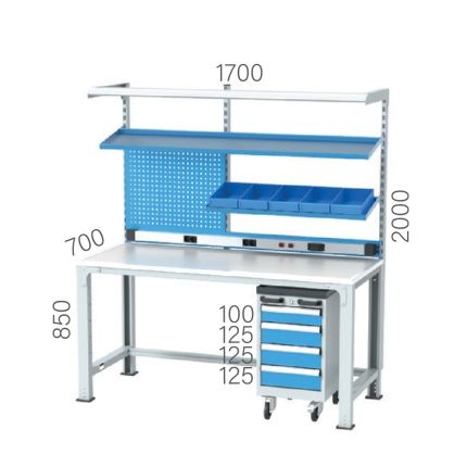 3629 – HEIGHT ADJUSTABLE ELECTRICIAN WORKBENCH MOBILE CART 4 DRAWERS, 1 ROW LINBIN-SHELF, MATERIAL SHELF, PEGBOARD, LIGHTING, ELECTRICITY PANEL, ESD SHEET COATED PLATE (1700X700X2000 MM)