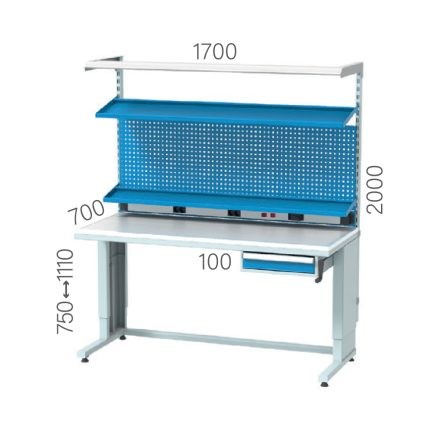 3639 – HEIGHT ADJUSTABLE ELECTRICIAN WORKBENCH WITH 1+1 DRAWER, 4 ROWS LINBIN-SHELVES, MATERIAL SHELF, PEGBOARD, LIGHTING, ELECTRICITY PANEL, ESD SHEET COATED PLATE