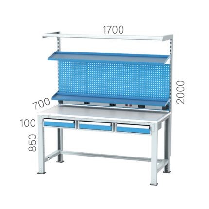 3632 – ELECTRICIAN WORKBENCH WITH 1+1+1 DRAWER,  2 MATERIAL SHELVES, PEGBOARD, LIGHTING, ELECTRICITY PANEL, ESD SHEET COATED PLATE (1700X700X2000 MM)