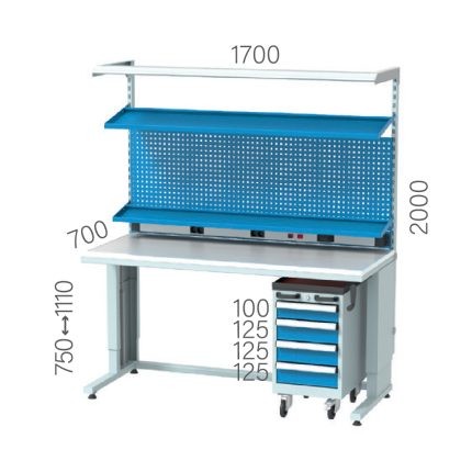 3633 – HEIGHT ADJUSTABLE ELECTRICIAN WORKBENCH WITH TOOL CART WITH 4 DRAWERS, 2 MATERIAL SHELVES, PEGBOARD, LIGHTING, ELECTRICITY PANEL, ESD SHEET COATED