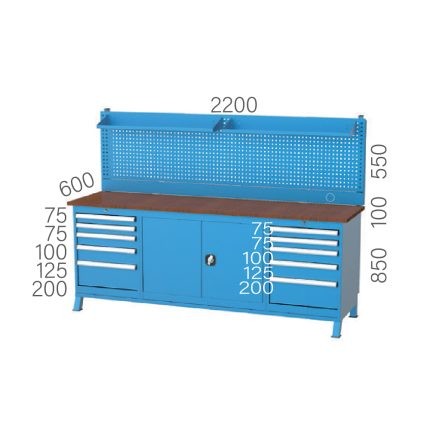 3647 – BENCH 10 DRAWERS, CABINET 2 DOORS and PEGBOARD