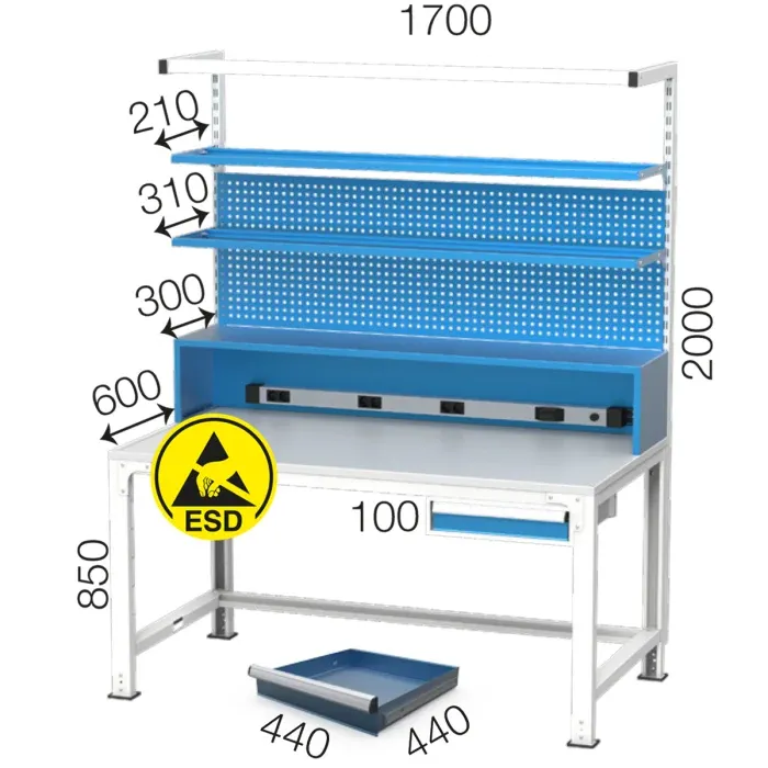 3652 – ESD PLATE FIXED ELECTRONICS WORKBENCH WITH DRAWER AND 2 SHELVES
