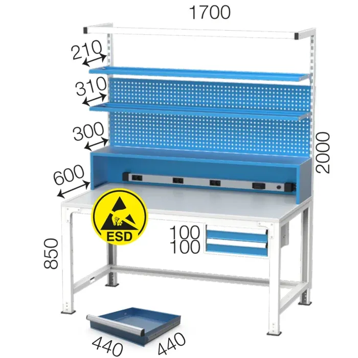 3653- ESD PLATE FIXED ELECTRONICS WORKBENCH WITH 2 DRAWERS AND 2 SHELVES