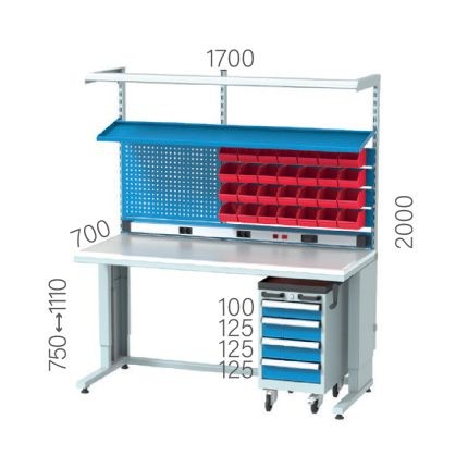 3683 – HEIGHT ADJUSTABLE ELECTRICIAN WORKBENCH WITH TOOL CART, 4 ROWS LINBIN-SHELVES, MATERIAL SHELF, PEGBOARD, LIGHTING, ELECTRICITY PANEL, ESD SHEET COATED PLATE