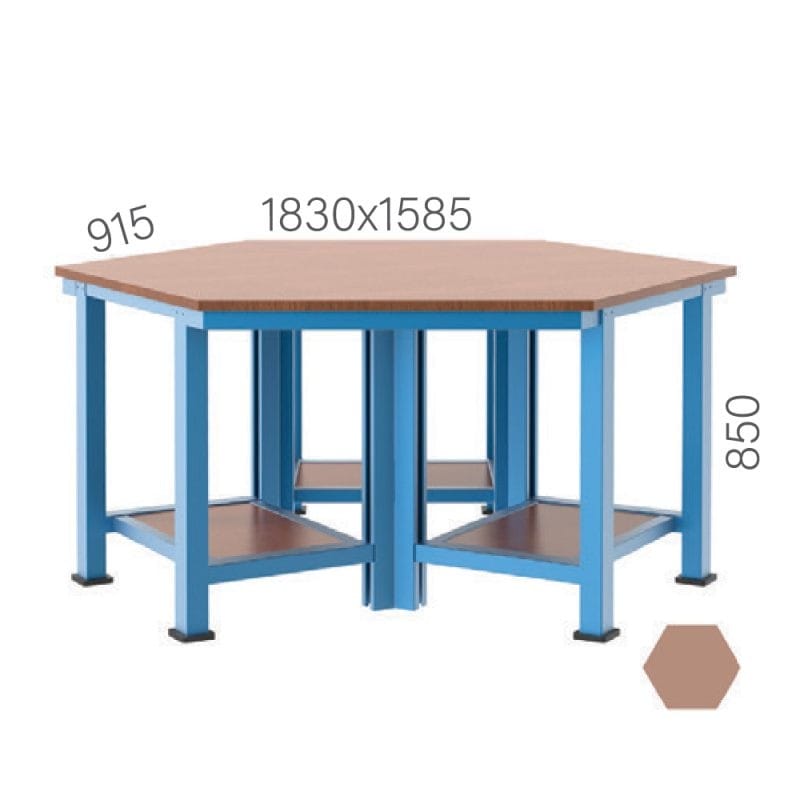 3825- HEXAGONAL WORKBENCH WITH 3 LOWER SHELVES - Koçel