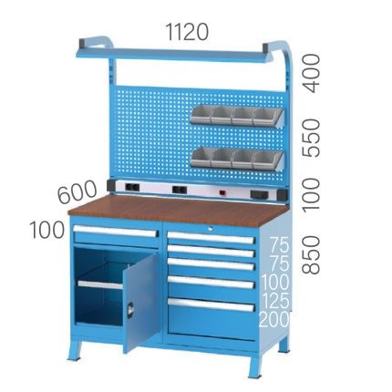 3923 – WORKBENCH 6 DRAWERS, CABINET DOORS, ELECTRICITY PANEL, PEGBOARD, FLUORESCENT LIGHTING
