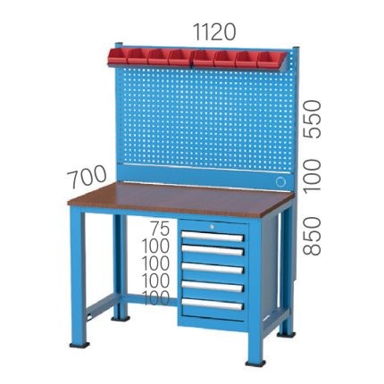 3945 – WORKBENCH 5 DRAWERS, PEGBOARD, 8 LINBIN BOXES, FLUORESCENT + ELECTRICITY PANEL