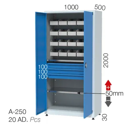 6372 – MATERIAL CABINET 2 SHELVES, 3 DRAWERS, INSIDE 3 ROWS LINBIN-BOXES