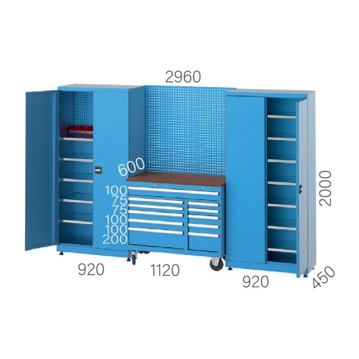 8915 – GARAGE SET CABINET 2 DOORS, 11 DRAWERS, PEGBOARD and WORKBENCH WHEELS