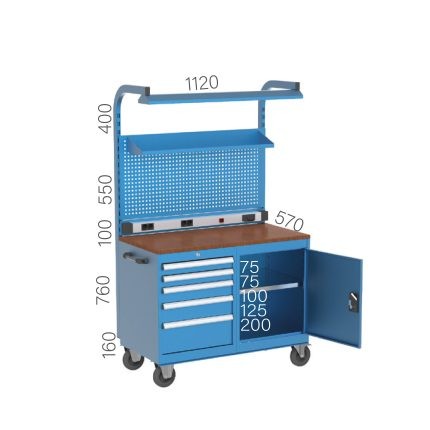 8030 – MOBILE WORKBENCH 5 DRAWERS AND CABINET DOOR (1 FIXED SHELF), PEGBOARD, LINBIN-SHELF, LIGHTING AND ELECTRICITY PANEL
