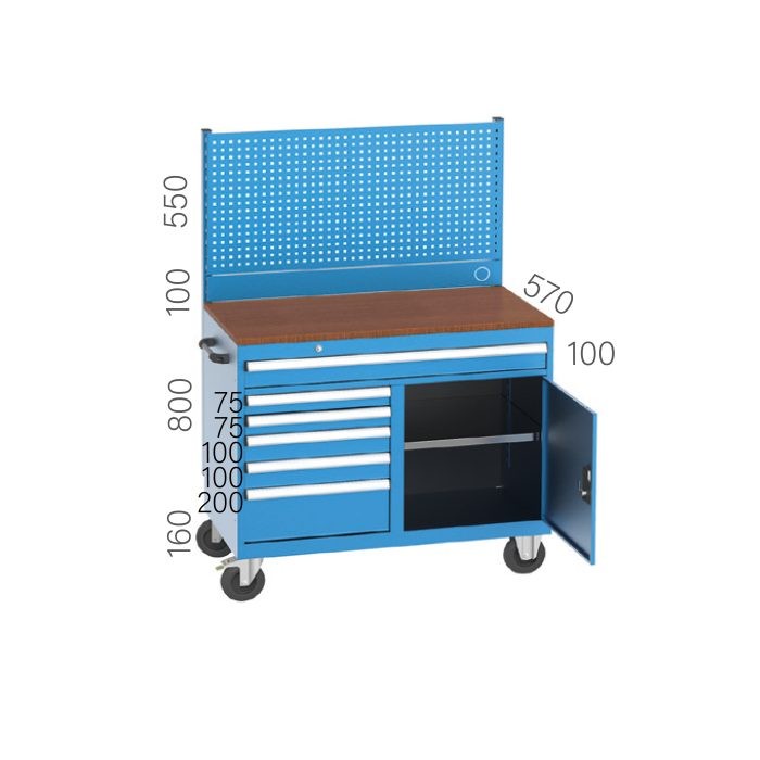 8340 – WORKING CART 6 DRAWERS, CLOSABLE CABINET and PEGBOARD