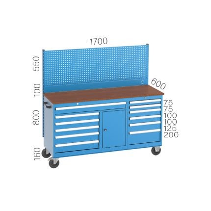 8410 – LONG TYPE WORKING CART 12 DRAWERS, CLOSABLE CABINET and PEGBOARD