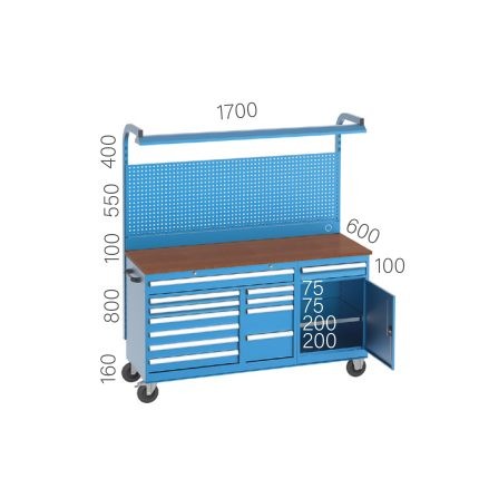 8425 – LONG TYPE WORKING CART 12 DRAWERS, CLOSABLE CABINET, PEGBOARD and FLUORESCENT LIGHTING