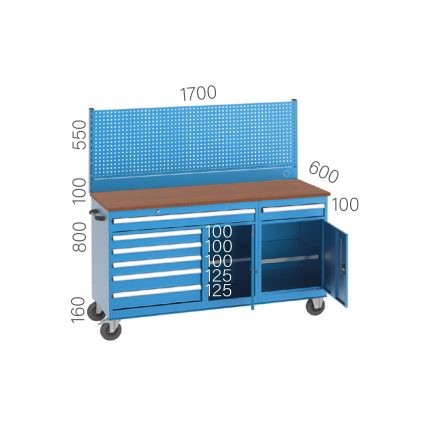 8460 – LONG TYPE WORKING CART 7 DRAWERS, 2 CLOSABLE CABINETS and PEGBOARD