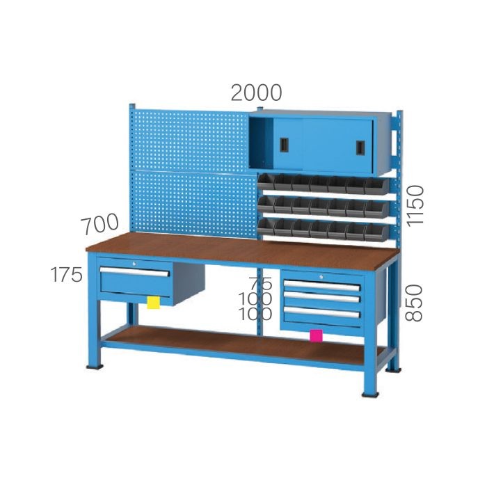 3265 – WORKBENCH 4 DRAWERS, PEGBOARD, 21 LINBIN BOXES and UPPER CABINET SLIDING DOOR
