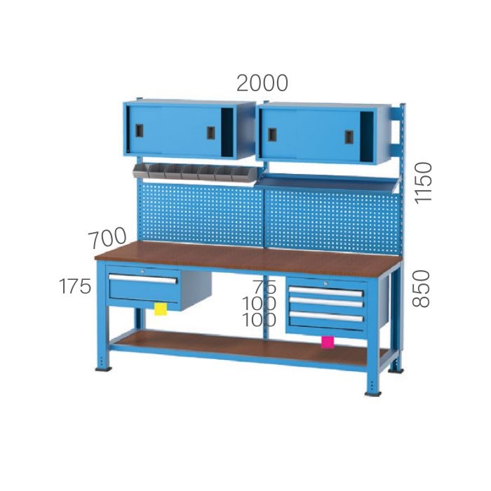 3275 – WORKBENCH 5 DRAWERS, PEGBOARD, 7 LINBIN BOXES, FILE SHELF and CABINET SLIDING DOOR