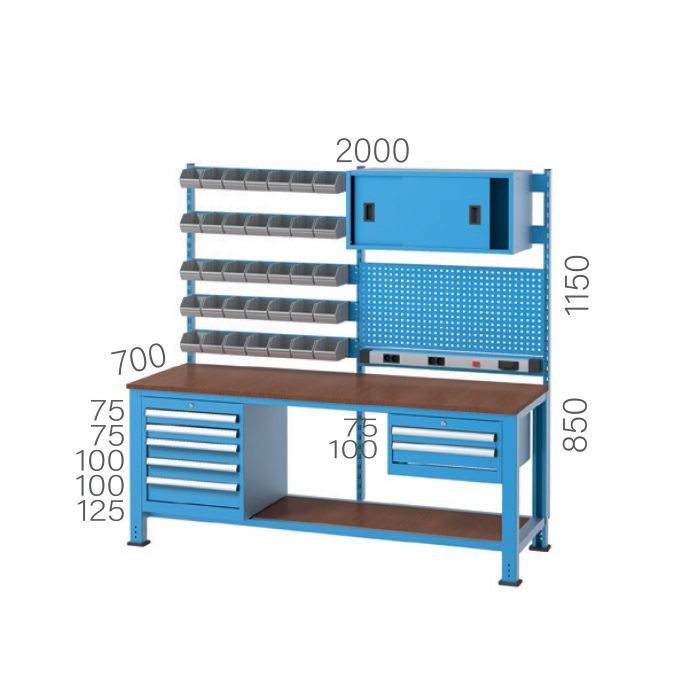 3280 – WORKBENCH 5 DRAWERS, PEGBOARD, ELECTRICITY PANEL, 35 LINBIN BOXES and CABINET SLIDING DOOR