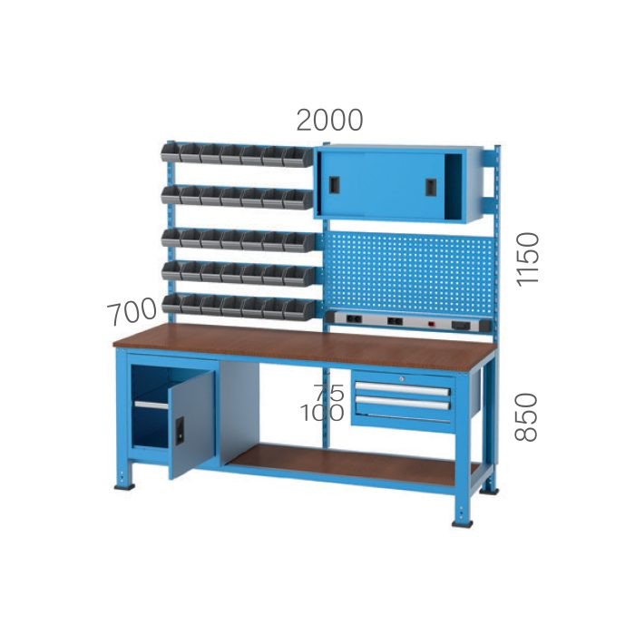 3285 – WORKBENCH 1 CABINET, PEGBOARD, ELECTRICITY PANEL, 35 LINBIN BOXES and CABINET SLIDING DOOR