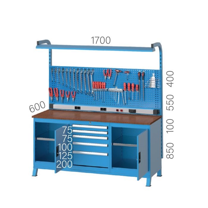 3602 – WORKBENCH 2 CABINETS and 5 DRAWERS, PEGBOARD, ELECTRICITY PANEL and FLUORESCENT