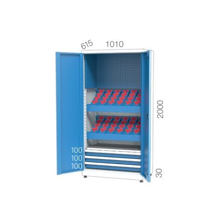 2120 – CNC TOOL CABINET 3 DRAWERS, 2 INCLINED CNC HOLDER SHELVES, 1 FIXED SHELF, PEGBOARD