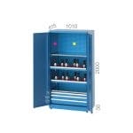 2140 – CABINET WITH PLEXIGLASS DOORS 48PCS MORSE HOLDERS 3 DRAWERS 2 SHELVES AND PEGBOARD