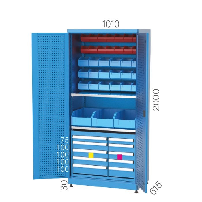 6907 – INDUSTRIAL CABINET 3 DRAWERS, DOORS PEGBOARD and LINBIN BOXES