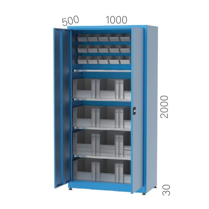 6370 – MATERIAL STORAGE CABINET WITH 21 LINBINS AND 12 PLASTIC BASKETS