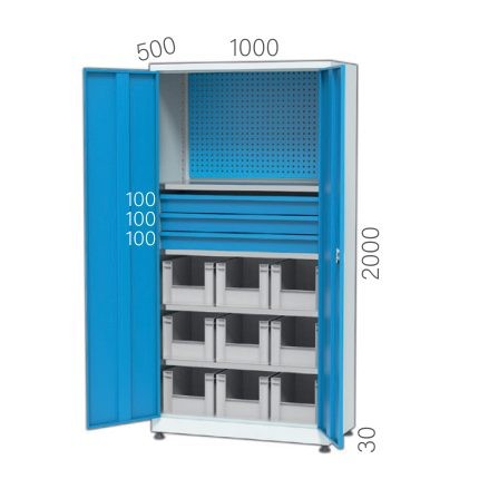 6373 – MATERIAL CABINET 3 SHELVES, 3 DRAWERS, INSIDE DOOR AND INNER BACK OF CABINET PEGBOARD, LINBIN-BOXES (1000X500X2000 MM)