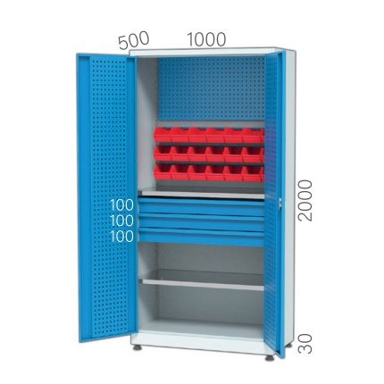 6381 – MATERIAL CABINET 2 SHELVES, 3 DRAWERS, INSIDE DOOR AND INNER BACK OF CABINET PEGBOARD, 3 ROWS LINBIN-BOXES (1000X500X2000 MM)