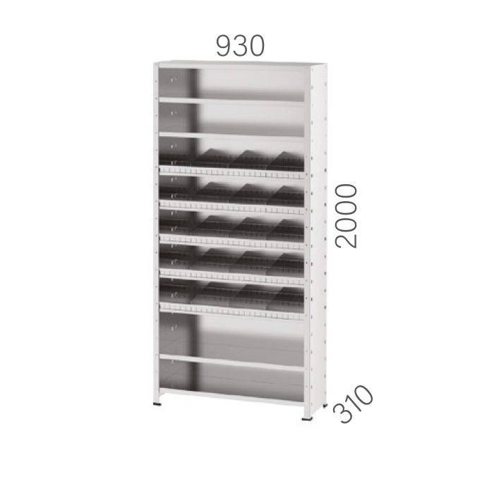 20940 – CLOSED SIDE GALVANIZED METAL SHELF UNIT WITH 9 SHELVES AND 15 DIVIDERS (930X310X2000MMH)