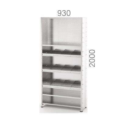20945 – CLOSED SIDE GALVANIZED METAL SHELF UNIT WITH 6 SHELVES 9 DIVIDERS AND TOOL PANEL (930X310X2000MMH)